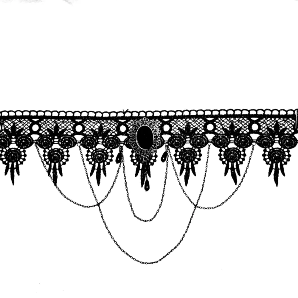 Black Embroidered Lace - Layred Chains Choker Antique Silver Necklace 13.5